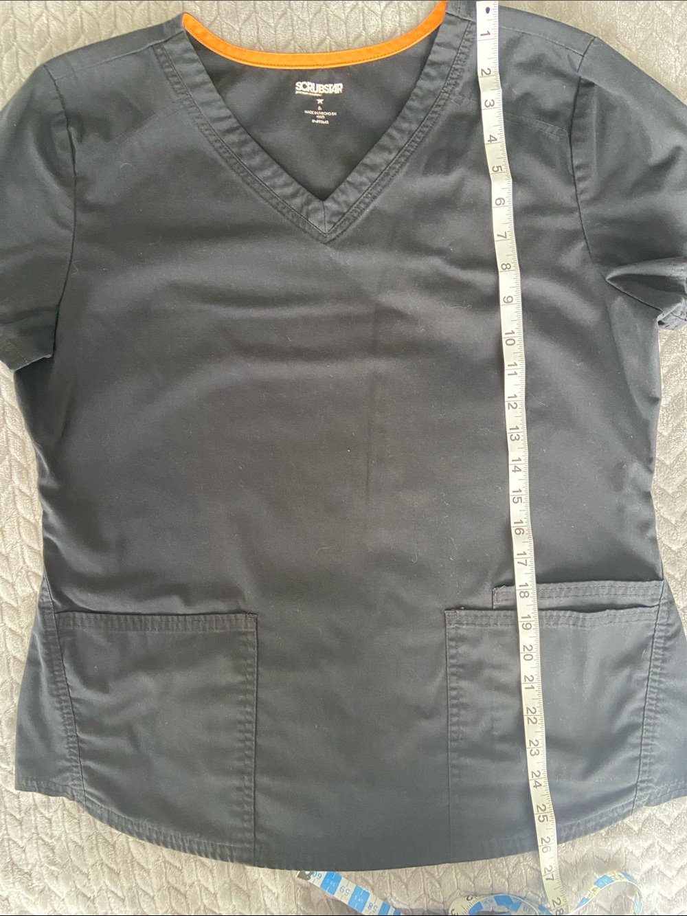 Scrubstar Black V-Neck Scrub Top with Orange Neck Trim